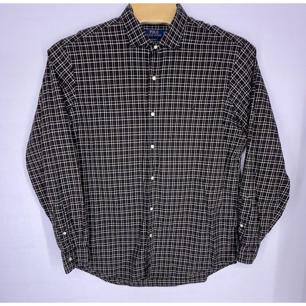 Ralph Lauren‎ Classic Fit XXL Brown Plaid Mens Long Sleeve Button Up